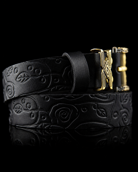 Black Embossed Leather Belt with Brass Buckle | Ukieology