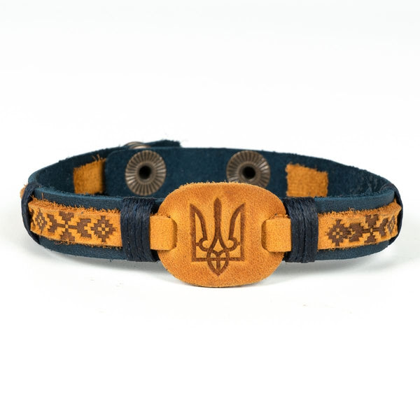 Navy and Yellow Leather Bracelet “Tryzub”