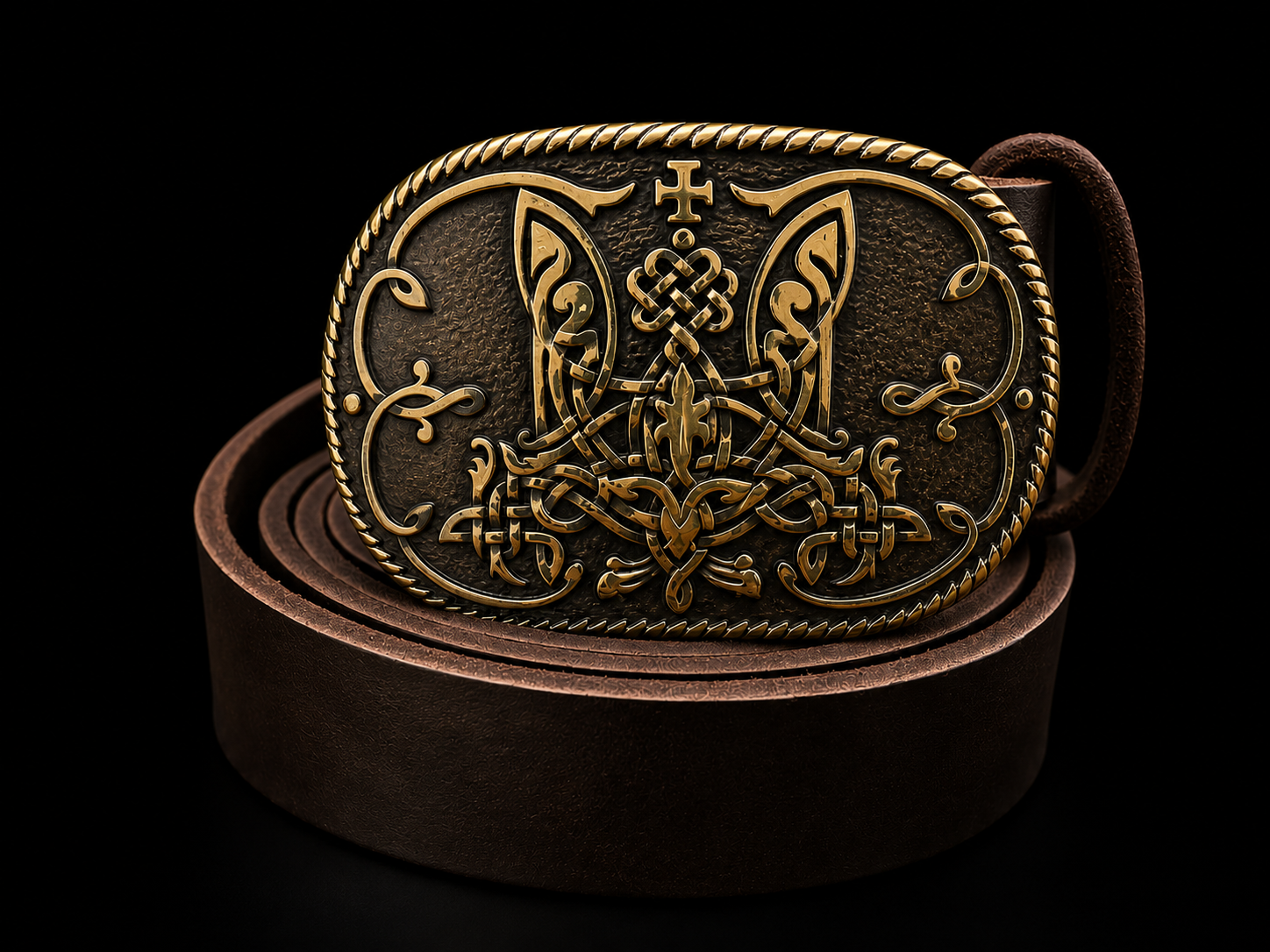 Tryzub Interlace Leather Belt | Brass Trident Buckle | Ukieology Tryzub Interlace Leather Belt | Brass Trident Buckle | Ukieology