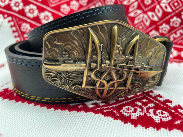 Leather Belt with Buckle “Russian Warship…”
