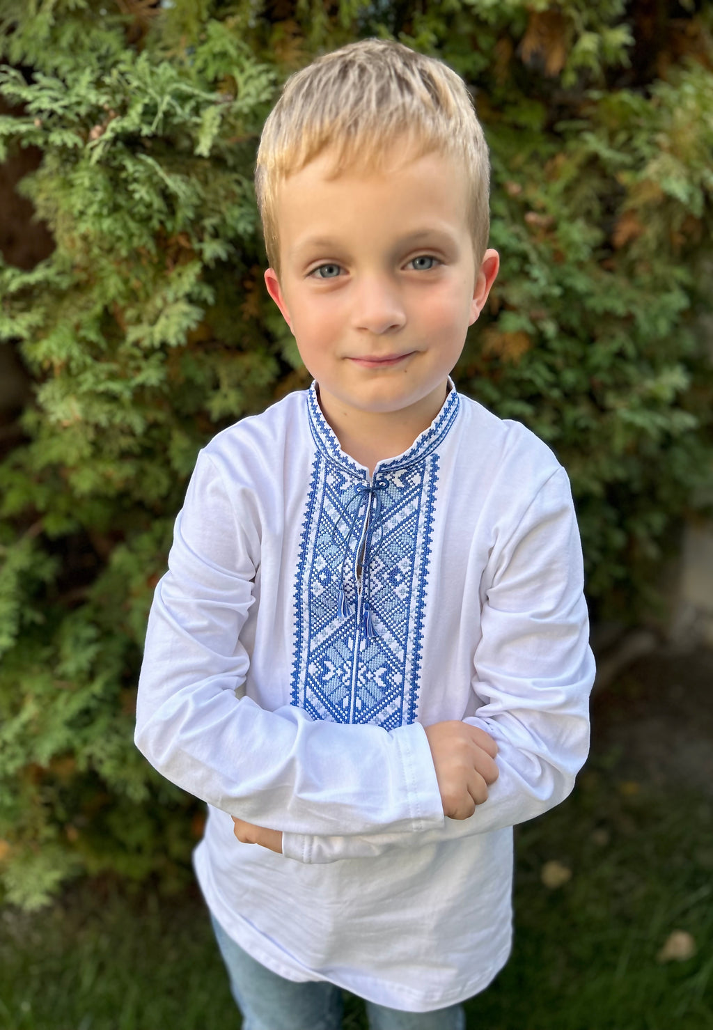 Boy's White Long Sleeve Shirt "Oleksa”- Blue