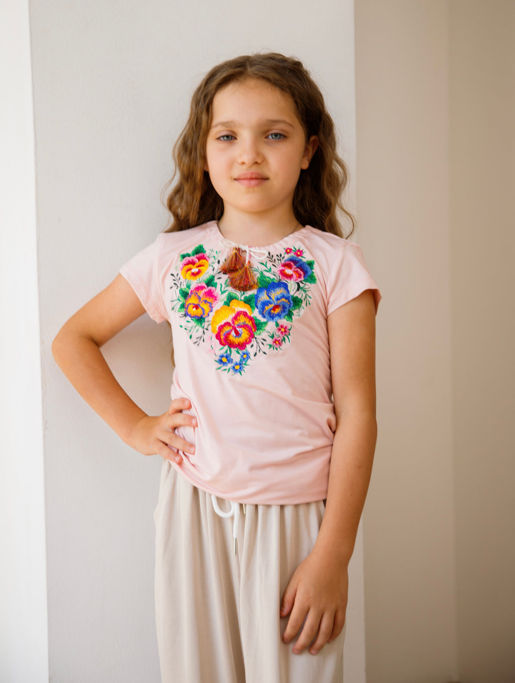 Girl's Embroidered T-shirt "Pansies"