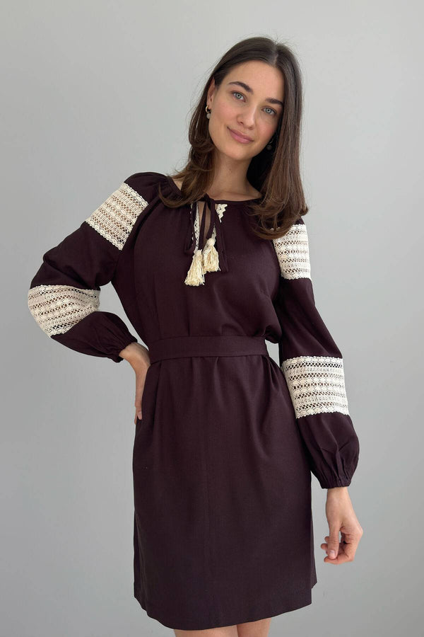 Brown Linen Dress with Lace Details