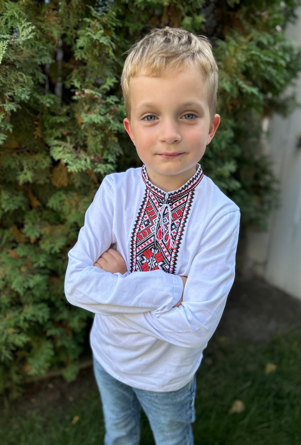 Boy's White Long Sleeve Shirt "Oleksa”- Red