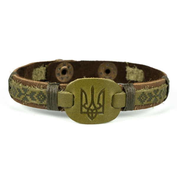 Army Green Leather Bracelet “Tryzub”