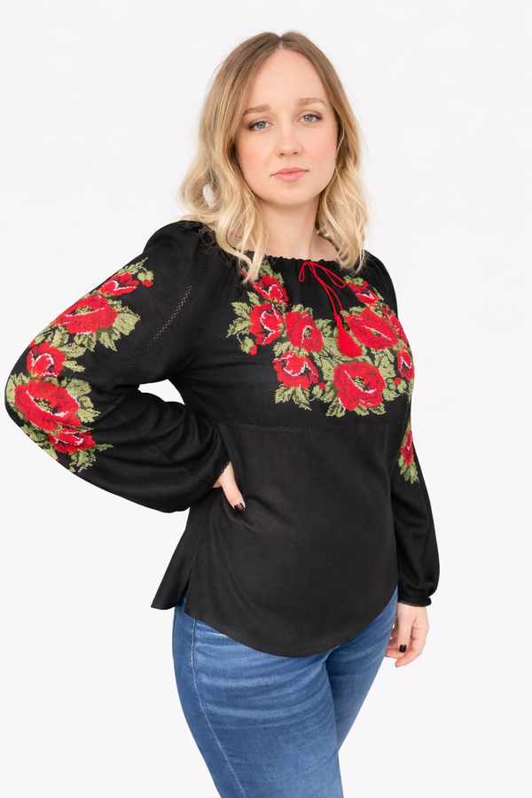 Black Embroidered Blouse "Poppies"