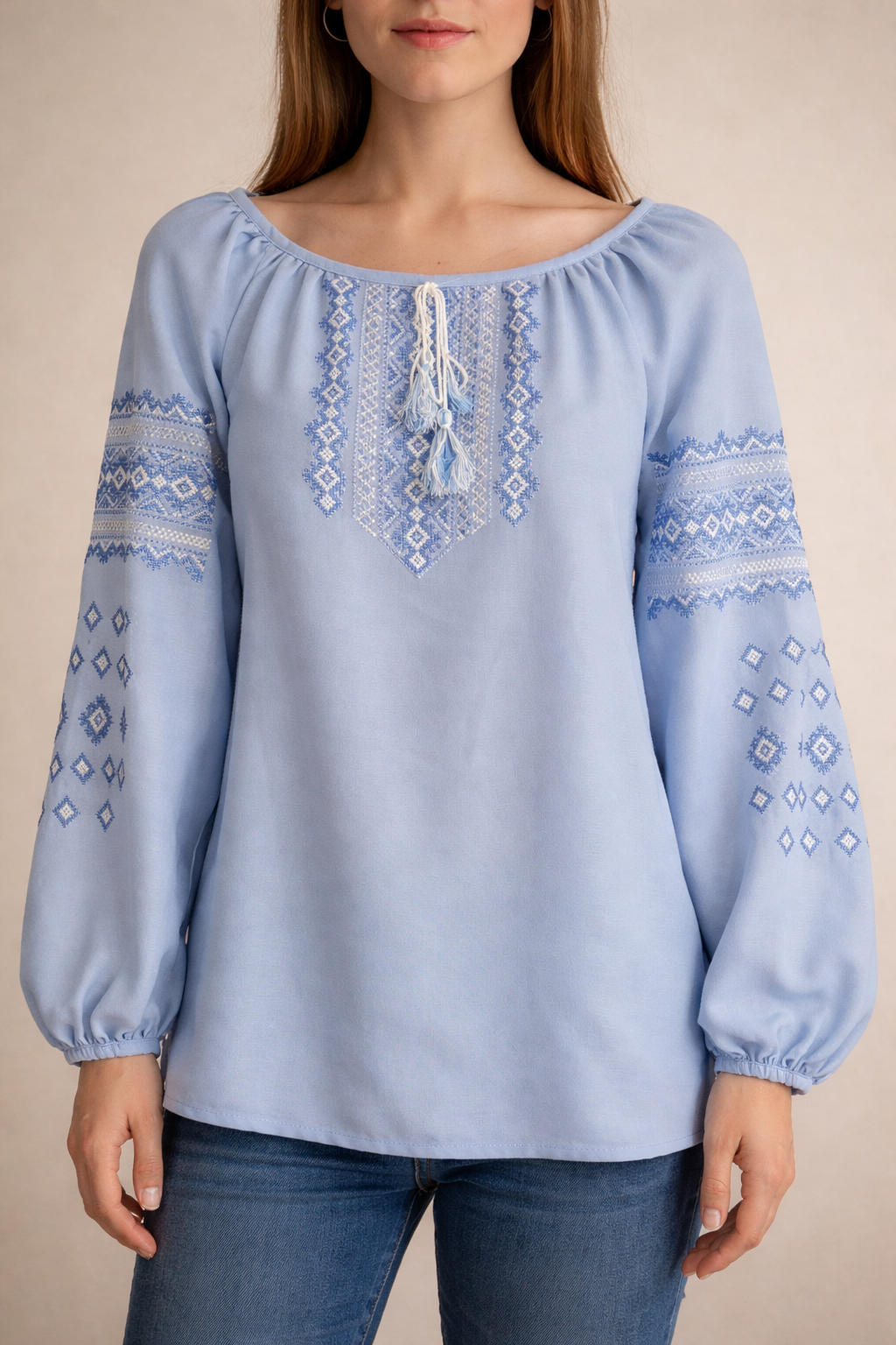Blue Chiffon Embroidered Blouse