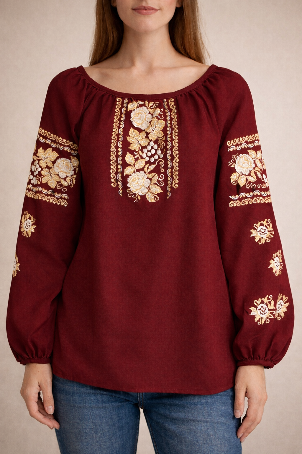 Burgundy Chiffon Embroidered Blouse