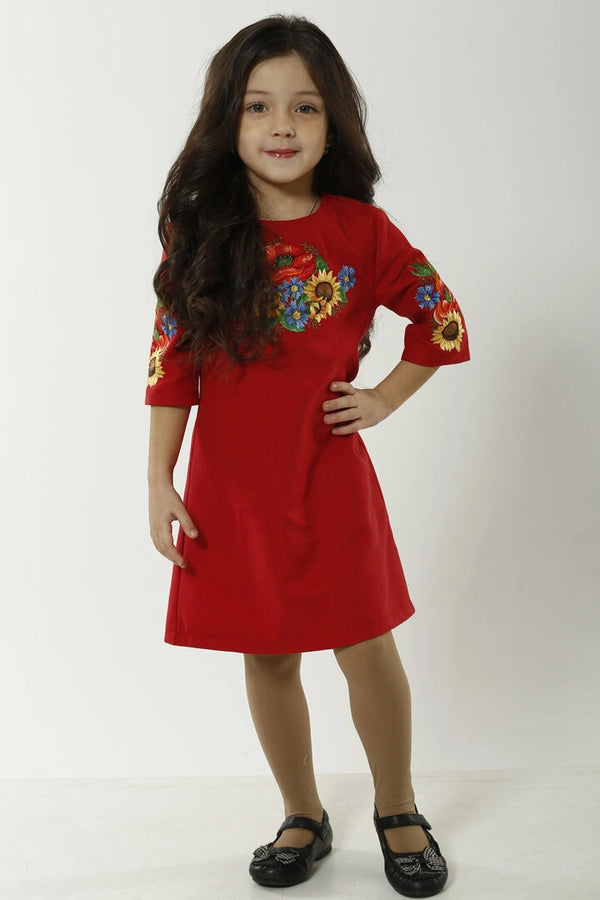 Girl's Red Embroidered Dress "Ukrainian Bouquet"