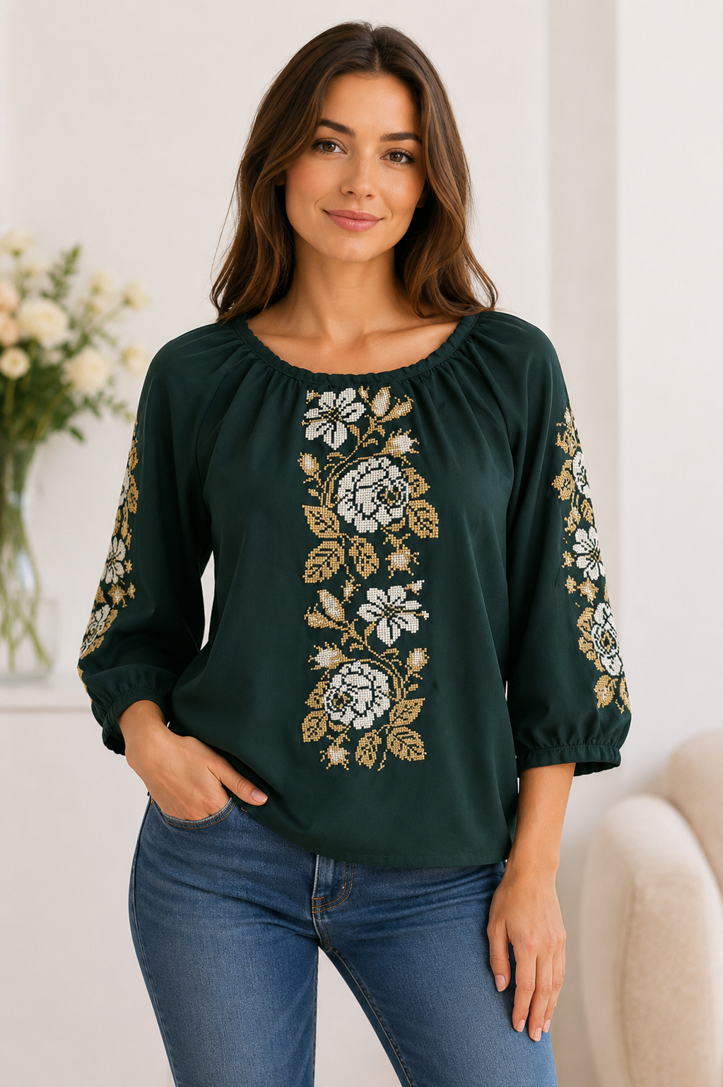 Forest Green Chiffon Embroidered Blouse