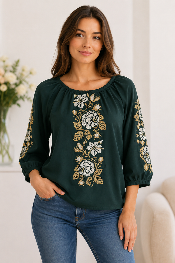 Forest Green Chiffon Embroidered Blouse
