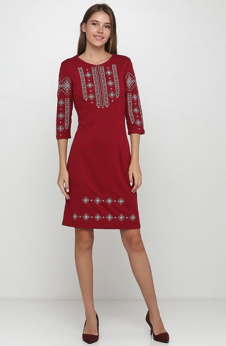 Raspberry Red Embroidered Dress “Grey Geometric”