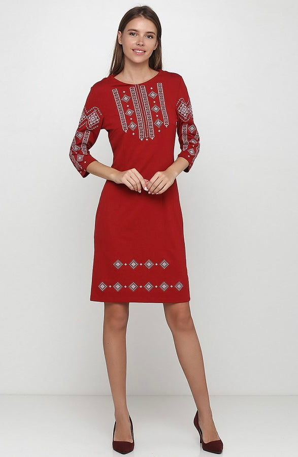 Red Embroidered Dress “Grey Geometric”