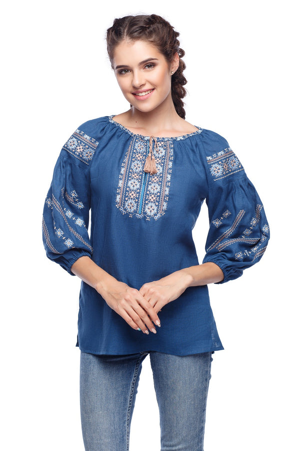 Blue Embroidered Linen Blouse