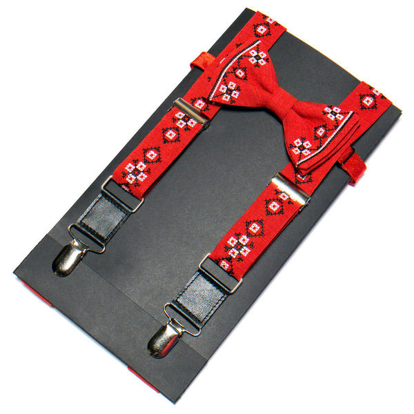 Men's Embroidered Bowtie and Suspenders Set -Red