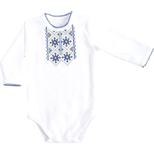 Long Sleeve Embroidered Onesie-Blue and Yellow