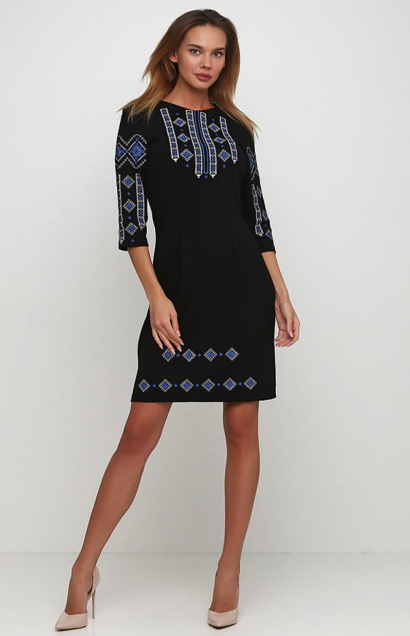Black Embroidered Dress “Blue and White Geometric”