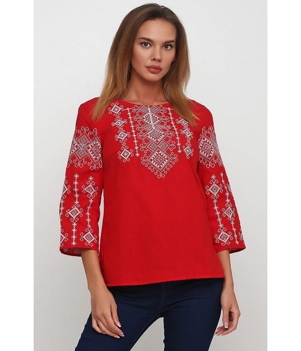Red Linen Embroidered Blouse