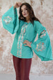 Embroidered Blouse with Fan Sleeves- Mint