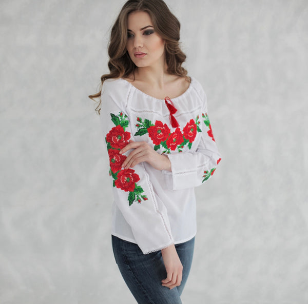 White Embroidered Blouse "Poppies"