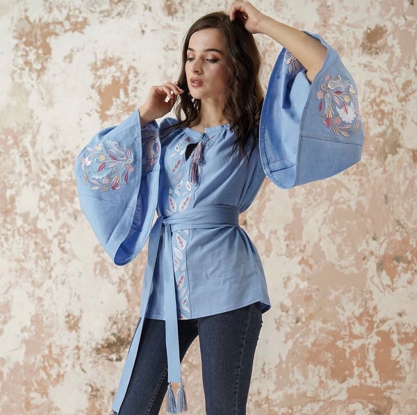 Women’s Embroidered Blouse with Fan Sleeves- Blue