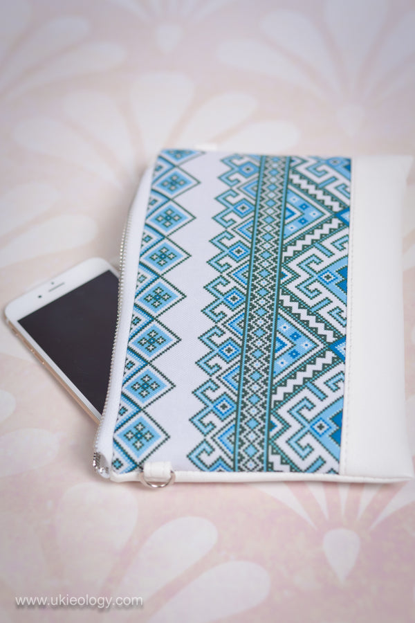 Faux Leather Clutch "Blue Embroidery"